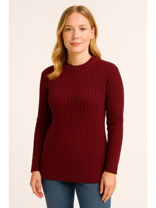 Kadın Bisiklet Yuvarlak Yaka Triko Kazak Pamuklu Kalın Fitilli Dokuma, Regular Fit Uzun Kollu Kışlık Model - Bordo Kadın Bisiklet Yuvarlak Yaka Triko Kazak Pamuklu Kalın Fitilli Dokuma, Regular Fit Uzun Kollu Kışlık Model - Bordo
