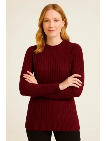 Kadın Bisiklet Yuvarlak Yaka Triko Kazak Pamuklu Kalın Fitilli Dokuma, Regular Fit Uzun Kollu Kışlık Model - Bordo