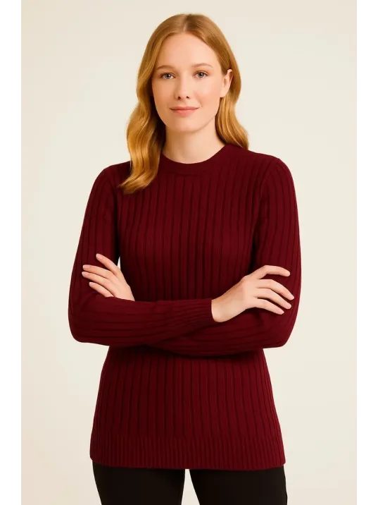 Kadın Bisiklet Yuvarlak Yaka Triko Kazak Pamuklu Kalın Fitilli Dokuma, Regular Fit Uzun Kollu Kışlık Model - Bordo Kadın Bisiklet Yuvarlak Yaka Triko Kazak Pamuklu Kalın Fitilli Dokuma, Regular Fit Uzun Kollu Kışlık Model - Bordo