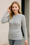 Kadın Bisiklet Yuvarlak Yaka Triko Kazak Pamuklu Kalın Fitilli Dokuma, Regular Fit Uzun Kollu Kışlık Model - Gri