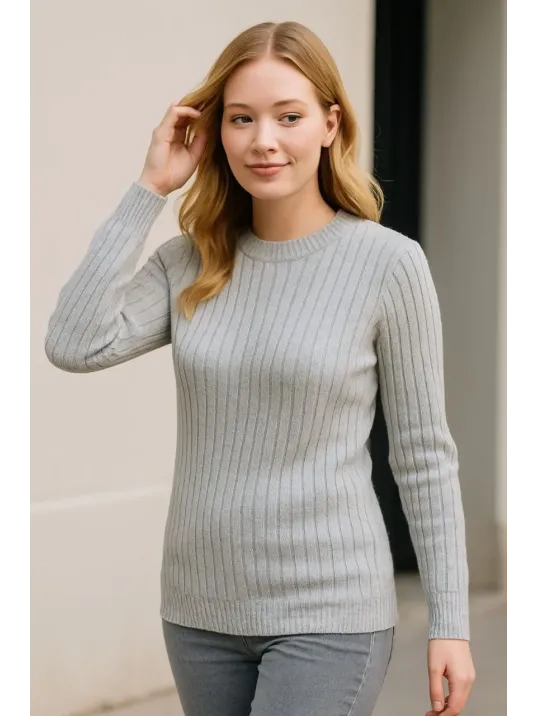 Kadın Bisiklet Yuvarlak Yaka Triko Kazak Pamuklu Kalın Fitilli Dokuma, Regular Fit Uzun Kollu Kışlık Model - Gri Kadın Bisiklet Yuvarlak Yaka Triko Kazak Pamuklu Kalın Fitilli Dokuma, Regular Fit Uzun Kollu Kışlık Model - Gri