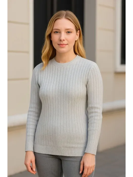 Kadın Bisiklet Yuvarlak Yaka Triko Kazak Pamuklu Kalın Fitilli Dokuma, Regular Fit Uzun Kollu Kışlık Model - Gri Kadın Bisiklet Yuvarlak Yaka Triko Kazak Pamuklu Kalın Fitilli Dokuma, Regular Fit Uzun Kollu Kışlık Model - Gri