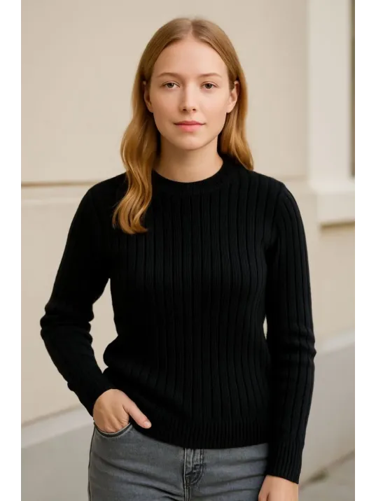 Kadın Bisiklet Yuvarlak Yaka Triko Kazak Pamuklu Kalın Fitilli Dokuma, Regular Fit Uzun Kollu Kışlık Model - Siyah Kadın Bisiklet Yuvarlak Yaka Triko Kazak Pamuklu Kalın Fitilli Dokuma, Regular Fit Uzun Kollu Kışlık Model - Siyah