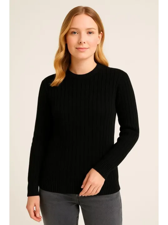 Kadın Bisiklet Yuvarlak Yaka Triko Kazak Pamuklu Kalın Fitilli Dokuma, Regular Fit Uzun Kollu Kışlık Model - Siyah Kadın Bisiklet Yuvarlak Yaka Triko Kazak Pamuklu Kalın Fitilli Dokuma, Regular Fit Uzun Kollu Kışlık Model - Siyah