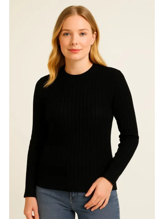 Kadın Bisiklet Yuvarlak Yaka Triko Kazak Pamuklu Kalın Fitilli Dokuma, Regular Fit Uzun Kollu Kışlık Model - Siyah Kadın Bisiklet Yuvarlak Yaka Triko Kazak Pamuklu Kalın Fitilli Dokuma, Regular Fit Uzun Kollu Kışlık Model - Siyah