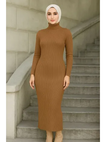 Kadın Tesettür Triko Elbise – Boğazlı Uzun Fitilli Dokuma, Esnek Tam Kalıp, 130 cm Midi Boy, Bahar & Kış Şık Rahat Stil - Kahverengi Kadın Tesettür Triko Elbise – Boğazlı Uzun Fitilli Dokuma, Esnek Tam Kalıp, 130 cm Midi Boy, Bahar & Kış Şık Rahat Stil - Kahverengi