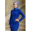 Kadın Boğazlı Uzun Fitilli Tesettüre Uygun Triko Dokuma Elbise - Saks Mavisi