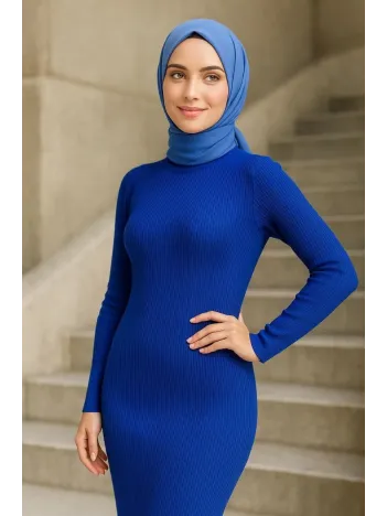 Kadın Boğazlı Uzun Fitilli Tesettüre Uygun Triko Dokuma Elbise - Saks Mavisi Kadın Boğazlı Uzun Fitilli Tesettüre Uygun Triko Dokuma Elbise - Saks Mavisi