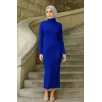 Kadın Boğazlı Uzun Fitilli Tesettüre Uygun Triko Dokuma Elbise - Saks Mavisi