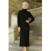 Kadın Tesettür Triko Elbise – Boğazlı Uzun Fitilli Dokuma, Esnek Tam Kalıp, 130 cm Midi Boy, Bahar & Kış Şık Rahat Stil - Siyah