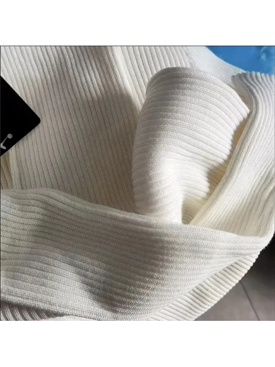 Kadın Boğazlı Uzun Fitilli Triko Dokuma Elbise - Beyaz