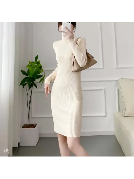 Kadın Boğazlı Uzun Fitilli Triko Dokuma Elbise - Beyaz