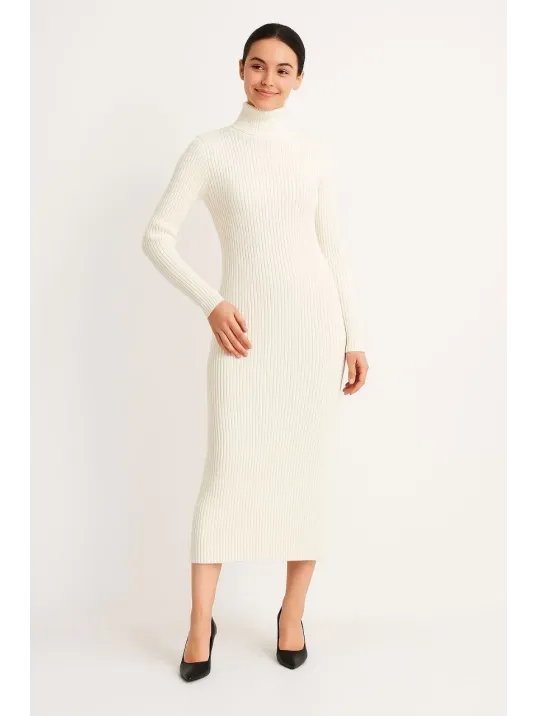 Kadın Boğazlı Triko Elbise – Uzun Fitilli Esnek Dokuma, Tam Kalıp, Kışlık & Baharlık Şık Rahat Stil, 130 cm Midi Boy Elbise - Beyaz