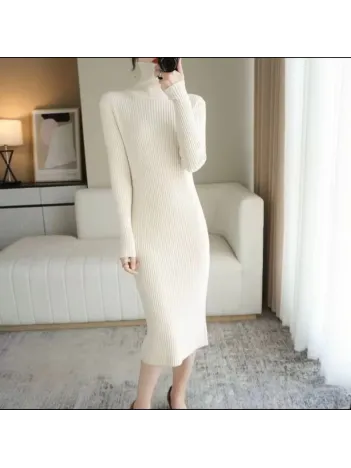 Kadın Boğazlı Uzun Fitilli Triko Dokuma Elbise - Beyaz