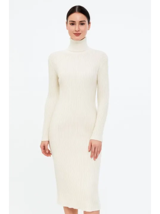 Kadın Boğazlı Triko Elbise – Uzun Fitilli Esnek Dokuma, Tam Kalıp, Kışlık & Baharlık Şık Rahat Stil, 130 cm Midi Boy Elbise - Beyaz
