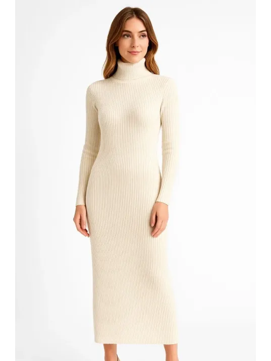 Kadın Boğazlı Triko Elbise – Uzun Fitilli Esnek Dokuma, Tam Kalıp, Kışlık & Baharlık Şık Rahat Stil, 130 cm Midi Boy Elbise - Beyaz