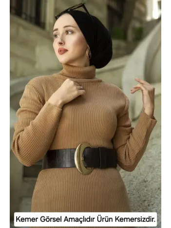 Kadın Boğazlı Uzun Fitilli Triko Dokuma Elbise - Kahverengi