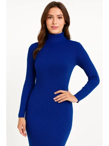 Kadın Boğazlı Triko Elbise – Uzun Fitilli Esnek Dokuma, Tam Kalıp, Kışlık & Baharlık Şık Rahat Stil, 130 cm Midi Boy Elbise - Saks Mavisi