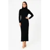 Kadın Boğazlı Triko Elbise – Uzun Fitilli Esnek Dokuma, Tam Kalıp, Kışlık & Baharlık Şık Rahat Stil, 130 cm Midi Boy Elbise - Siyah