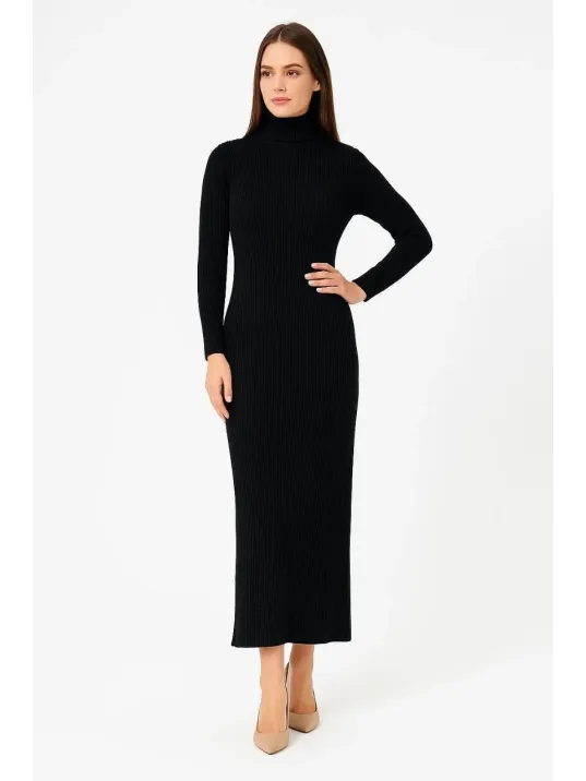 Kadın Boğazlı Triko Elbise – Uzun Fitilli Esnek Dokuma, Tam Kalıp, Kışlık & Baharlık Şık Rahat Stil, 130 cm Midi Boy Elbise - Siyah