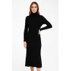 Kadın Boğazlı Triko Elbise – Uzun Fitilli Esnek Dokuma, Tam Kalıp, Kışlık & Baharlık Şık Rahat Stil, 130 cm Midi Boy Elbise - Siyah