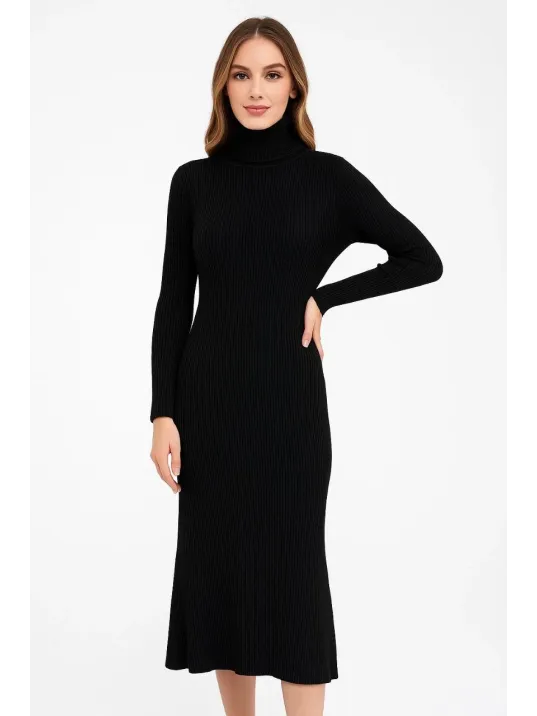 Kadın Boğazlı Triko Elbise – Uzun Fitilli Esnek Dokuma, Tam Kalıp, Kışlık & Baharlık Şık Rahat Stil, 130 cm Midi Boy Elbise - Siyah