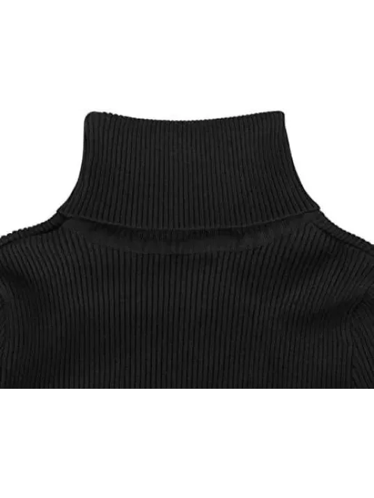 Kadın Boğazlı Triko Elbise – Uzun Fitilli Esnek Dokuma, Tam Kalıp, Kışlık & Baharlık Şık Rahat Stil, 130 cm Midi Boy Elbise - Siyah