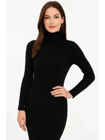 Kadın Boğazlı Triko Elbise – Uzun Fitilli Esnek Dokuma, Tam Kalıp, Kışlık & Baharlık Şık Rahat Stil, 130 cm Midi Boy Elbise - Siyah