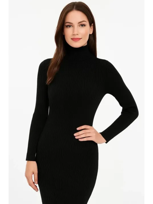 Kadın Boğazlı Triko Elbise – Uzun Fitilli Esnek Dokuma, Tam Kalıp, Kışlık & Baharlık Şık Rahat Stil, 130 cm Midi Boy Elbise - Siyah