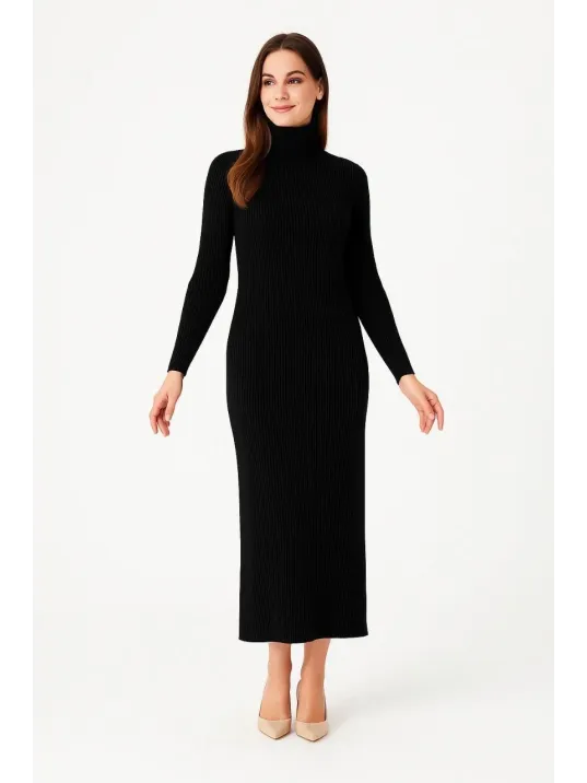 Kadın Boğazlı Triko Elbise – Uzun Fitilli Esnek Dokuma, Tam Kalıp, Kışlık & Baharlık Şık Rahat Stil, 130 cm Midi Boy Elbise - Siyah