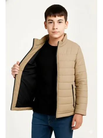 Erkek Çocuk Şişme Mont Hafif Ve Sıcak Tutucu Kışlık Fermuarlı Su İtici Rahat Günlük Mont Kapüşonuz  Modern Tasarım - Bej
