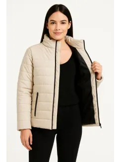 Kadın Bomber Mont Ceket – Su İtici Kumaş, Kapitone Astarlı, Fermuarlı, Kışlık - Bej