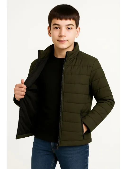 Erkek Çocuk Şişme Mont Hafif Ve Sıcak Tutucu Kışlık Fermuarlı Su İtici Rahat Günlük Mont Kapüşonuz Modern Tasarım- Haki