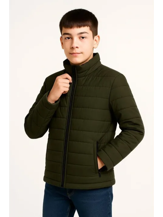 Erkek Çocuk Şişme Mont Hafif Ve Sıcak Tutucu Kışlık Fermuarlı Su İtici Rahat Günlük Mont Kapüşonuz Modern Tasarım- Haki