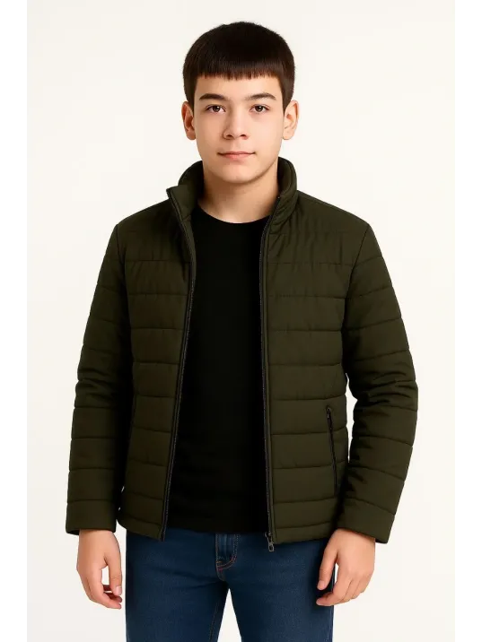 Erkek Çocuk Şişme Mont Hafif Ve Sıcak Tutucu Kışlık Fermuarlı Su İtici Rahat Günlük Mont Kapüşonuz Modern Tasarım- Haki