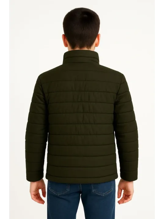 Erkek Çocuk Şişme Mont Hafif Ve Sıcak Tutucu Kışlık Fermuarlı Su İtici Rahat Günlük Mont Kapüşonuz Modern Tasarım- Haki