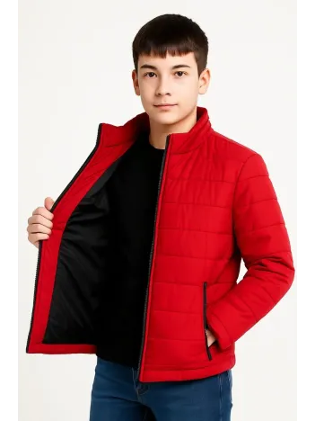 Erkek Çocuk Şişme Mont Hafif Ve Sıcak Tutucu Kışlık Fermuarlı Su İtici Rahat Günlük Mont Kapüşonuz Modern Tasarım - Kırmızı