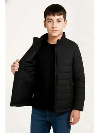 Erkek Çocuk  Şişme Mont Hafif Ve Sıcak Tutucu Kışlık Fermuarlı Su İtici Rahat Günlük Mont Kapüşonuz Modern Tasarım - Siyah