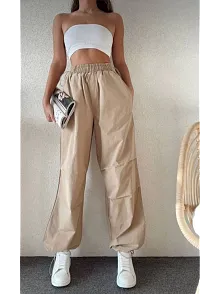Kadın Cepli Paraşut Pantalon - Bej