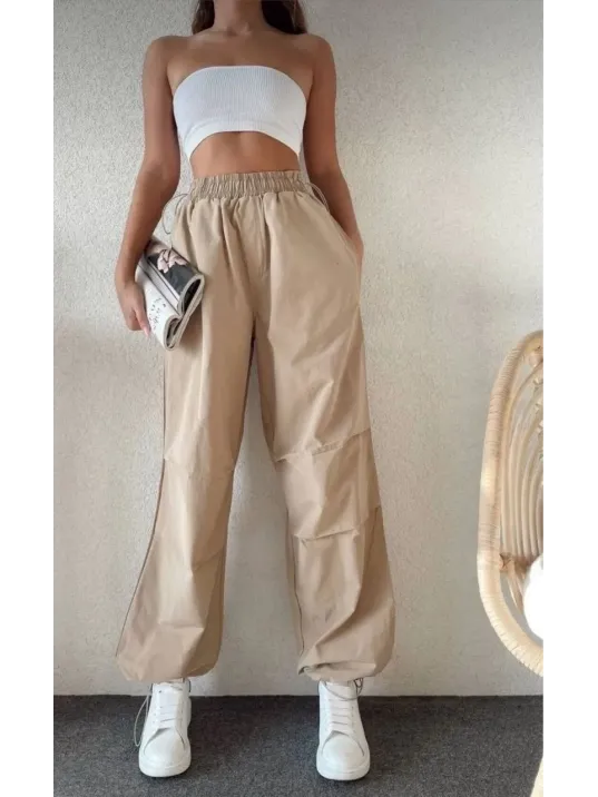 Kadın Cepli Paraşut Pantalon - Bej Kadın Cepli Paraşut Pantalon - Bej