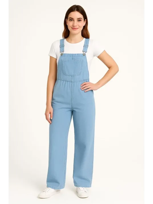 Kadın Chambray Açık Mavi Denim Görünümlü Geniş Paça Salopet Tulum - Mavi Kadın Chambray Açık Mavi Denim Görünümlü Geniş Paça Salopet Tulum - Mavi