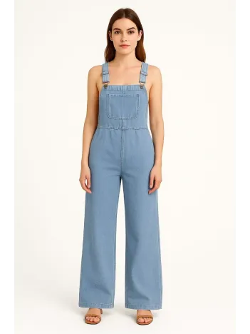 Kadın Chambray Açık Mavi Denim Görünümlü Geniş Paça Salopet Tulum - Mavi Kadın Chambray Açık Mavi Denim Görünümlü Geniş Paça Salopet Tulum - Mavi