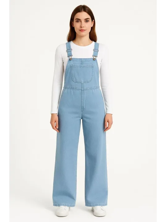 Kadın Chambray Açık Mavi Denim Görünümlü Geniş Paça Salopet Tulum - Mavi Kadın Chambray Açık Mavi Denim Görünümlü Geniş Paça Salopet Tulum - Mavi
