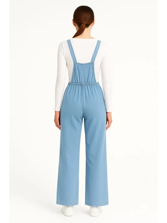 Kadın Chambray Açık Mavi Denim Görünümlü Geniş Paça Salopet Tulum - Mavi Kadın Chambray Açık Mavi Denim Görünümlü Geniş Paça Salopet Tulum - Mavi