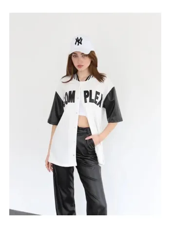 Kadın Complex Kolları Deri Kolej Oversize T-shirt - Beyaz