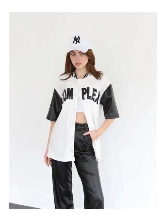 Kadın Complex Kolları Deri Kolej Oversize T-shirt - Beyaz