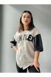 Kadın Complex Kolları Deri Kolej Oversize T-shirt - Beyaz