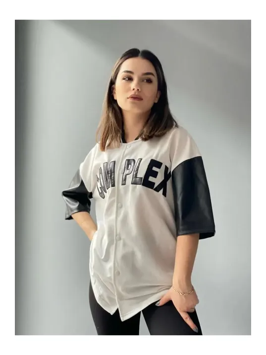 Kadın Complex Kolları Deri Kolej Oversize T-shirt - Beyaz