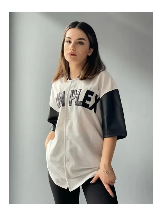 Kadın Complex Kolları Deri Kolej Oversize T-shirt - Beyaz