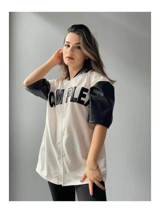 Kadın Complex Kolları Deri Kolej Oversize T-shirt - Beyaz
